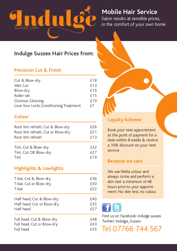 Indulge Sussex Price List